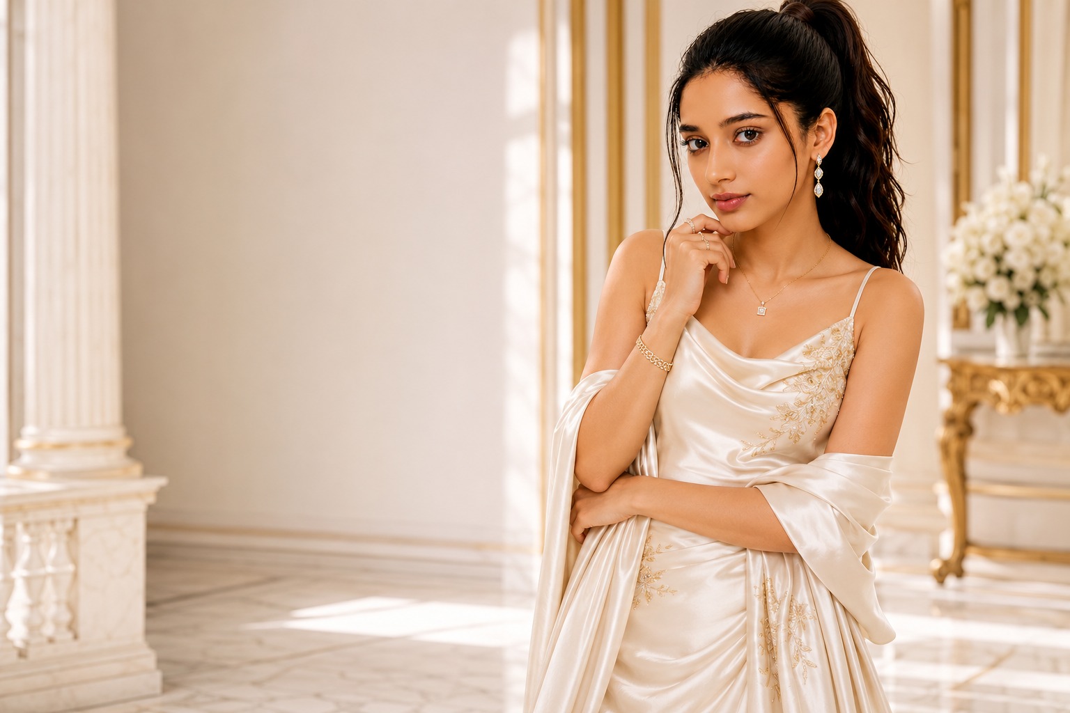 MIRAVIKA autumn campaign — champagne satin styling in a palace hall